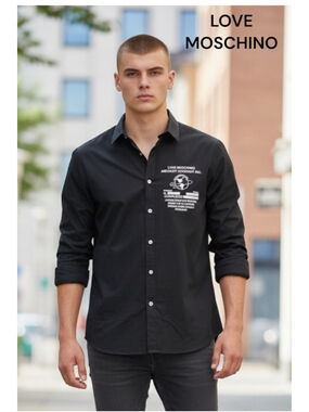 Men's LOVE MOSCHINO Casual Button Down Shirt Black White 
Large